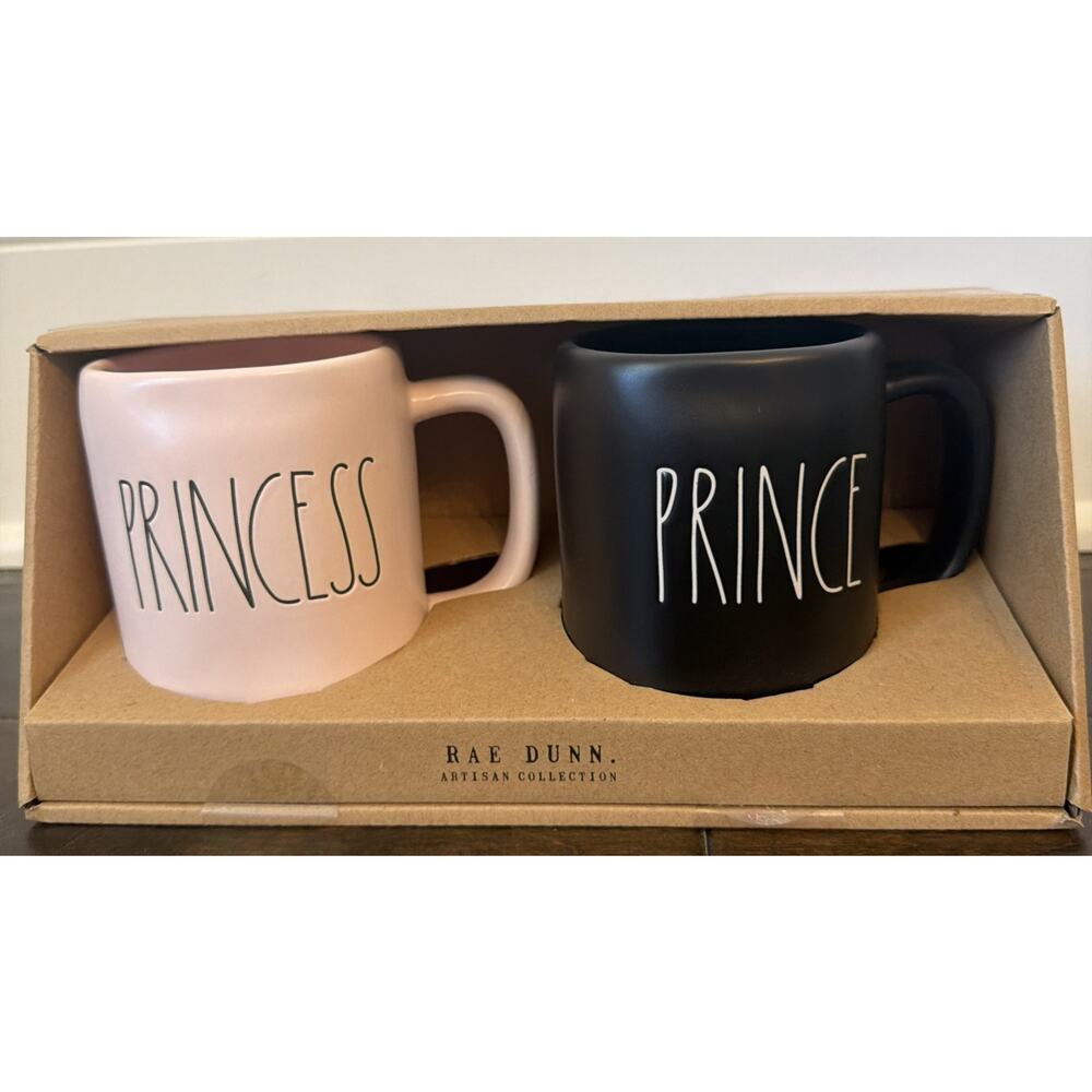Rae Dunn Prince and Princess Mug Set Pink Black Ceramic Artisan Collection New‎